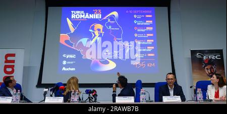 Bucarest, Romania. 5 luglio 2023: La conferenza stampa che annuncia l'organizzazione della gara ciclistica '23' Tour of Romania tra il 4 e il 10 settembre. Crediti: Lucian Alecu/Alamy Live News Foto Stock