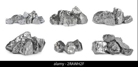 Set di pepite d'argento su sfondo bianco Foto Stock