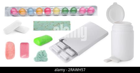 Set di gomme da masticare diverse su sfondo bianco Foto Stock