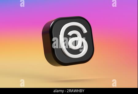 Valencia, Spagna - luglio 2023: Threads, un logo mobile dell'app Instagram su sfondo colorato sfumato in rendering 3D. Threads è un nuovo ap per social media Foto Stock