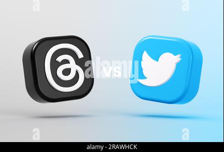 Valencia, Spagna - luglio 2023: Thread e icone dell'app Twitter in 3D. Threads è una nuova app di social media di Instagram e Meta fo Foto Stock