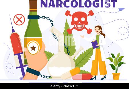 Illustrazione vettore narcologo per la consapevolezza della tossicodipendenza, alcol e tabacco nel settore sanitario modelli di sfondo disegnati a mano per cartone animato piatto Illustrazione Vettoriale
