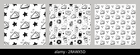 Dessert a base di fast food fatti a mano. Set di dessert con motivi senza cuciture. Schizzo di snack dolci - gelato, ciambelle, torta, frullato. Illustrazione Vector Fast food in stile doodle. Collezione di fast food. Illustrazione Vettoriale
