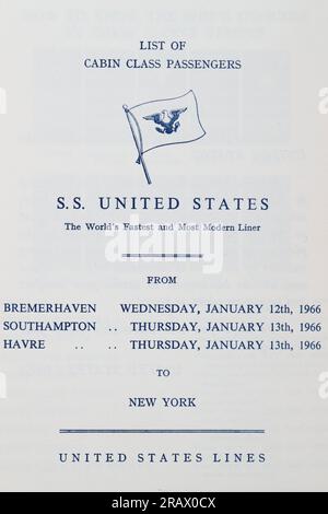 Foto del programma giornaliero e degli avvisi di nave, SS United States "passeggeri più veloci e moderni del mondo" - dal 1966 Foto Stock