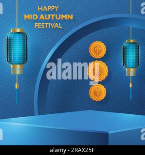 Palco a podio 3d per il Festival cinese di metà autunno con arte tagliata in carta dorata e stile artigianale su sfondo a colori con elementi asiatici (Translate : Mid Autu Illustrazione Vettoriale