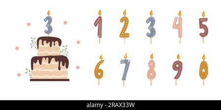 Numeri di compleanno candele con fiamme brucianti. Simpatici elementi boho per festeggiare. Torta al cioccolato per l'anniversario. Illustrazione vettoriale in cartone animato piatto Illustrazione Vettoriale