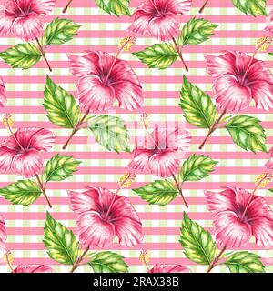 Pattern di fiori rossi di ibisco su sfondo bianco. Motivi floreali senza cuciture, disegnati a mano con elementi ad acquerello per la progettazione di tessuti, tessuti, Foto Stock
