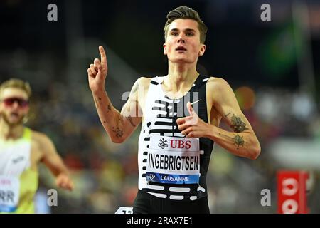 Jakob Ingebrigtsen (NOR) vince i 1.500 m nelle 3:28,72 durante l'Athletiissima, venerdì 30 giugno 2023, a Losanna, Svizzera. (Jiro Mochizuki/immagine dello sport) Foto Stock