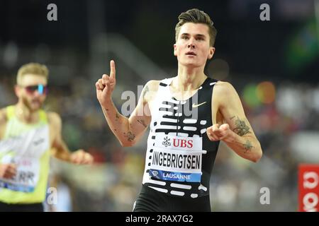 Jakob Ingebrigtsen (NOR) vince i 1.500 m nelle 3:28,72 durante l'Athletiissima, venerdì 30 giugno 2023, a Losanna, Svizzera. (Jiro Mochizuki/immagine dello sport) Foto Stock