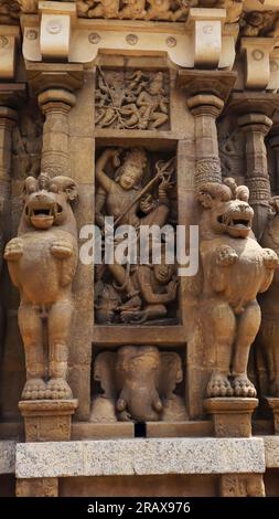 Idolo scolpito di Shiva danzante sul Tempio di Kailasnathar, Kanchipuram, Tamilnadu, India. Foto Stock