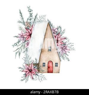 Casa invernale carina con porte, finestre, neve sul tetto in fiori di poinsettia rossa, cono di pino, ramo di abete rosso smeraldo, eucalipto. Dipinto a mano Foto Stock