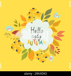 Corona autunnale di foglie colorate, fiori, funghi Illustrazione Vettoriale