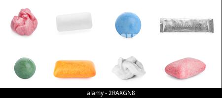 Set di gomme da masticare diverse su sfondo bianco Foto Stock