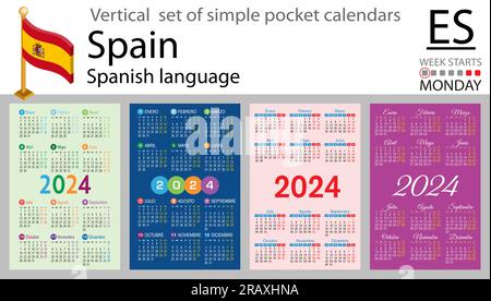 Serie verticale spagnola di calendario tascabile per il 2024 (duemilaventiquattro). La settimana inizia lunedì. Anno nuovo. Design semplice a colori. Vettore Illustrazione Vettoriale