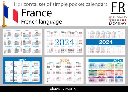 Serie orizzontale francese di calendario tascabile per il 2024 (duemilaventiquattro). La settimana inizia lunedì. Anno nuovo. Design semplice a colori. Vettore Illustrazione Vettoriale