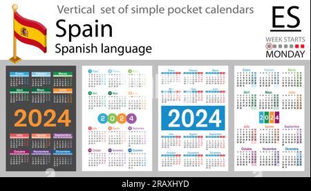 Serie verticale spagnola di calendario tascabile per il 2024 (duemilaventiquattro). La settimana inizia lunedì. Anno nuovo. Design semplice a colori. Vettore Illustrazione Vettoriale