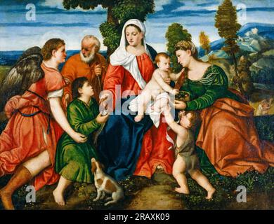Bonifacio de Pitati detto Bonifacio Veronese, la Sacra famiglia con Tobias e l'Angelo, Santa Dorozia, Giovannino e il miracolo del mais oltre, dipinto ad olio su tela, prima del 1553 Foto Stock