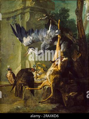 Jean Baptiste Oudry, la borsa: Un cervo morto, due falchi e un airone, natura morta dipinto ad olio su tela, 1721 Foto Stock