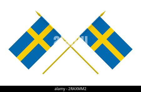 Due bandiere incrociate di Svezia, 3d rendering, isolato su bianco Foto Stock