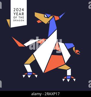 Drago d'acqua Origami realizzato carta multicolore, 2024 anni, per i saluti di Capodanno e il design di natale, semplice illustrazione vettoriale Illustrazione Vettoriale