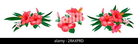Set floreale rosso hibiscus disegno acquerello disegnato a mano. Perfetto per cartoline, cartoline, tag, inviti, stampe, avvolgimento, matrimonio. Elemento di progettazione Foto Stock