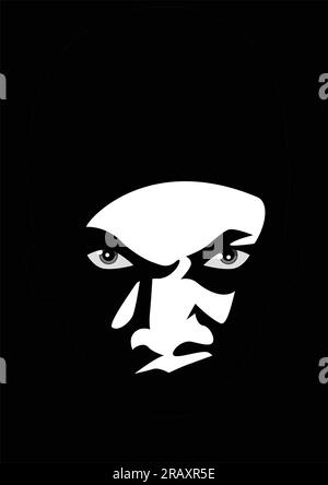 Illustrazione in bianco e nero di un volto di uomo che si aggirava al buio Illustrazione Vettoriale