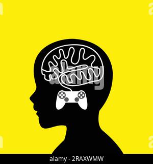 Illustrazione grafica di una testa di ragazzo con cervello fatto da cavo di bastone da gioco Illustrazione Vettoriale