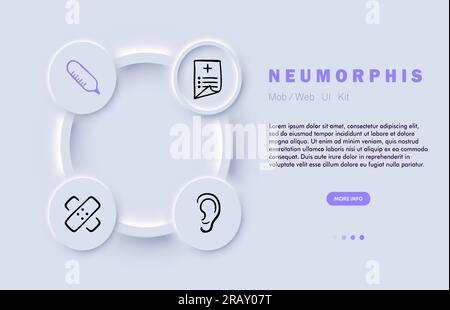 Icona della riga medicina. Cerotto, guarigione, termometro, orecchio, lamina di bypass, assicurazione sanitaria. Icona linea vettoriale Steyle neomorfismo Illustrazione Vettoriale