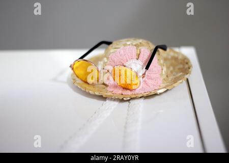 Scatta una foto del gatto Bobtail giapponese con occhiali da sole e cappello di paglia Foto Stock