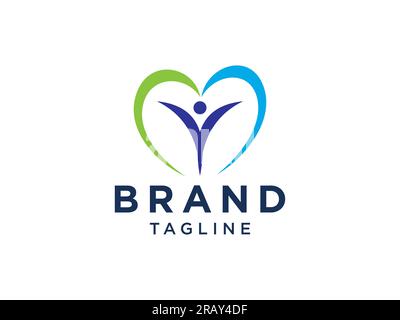 Logo Family Care. Icona a forma di cuore disegnata a mano blu e viola con combinazione di simboli umani isolata su sfondo bianco. Modello di progettazione e con logo Flat Vector Illustrazione Vettoriale