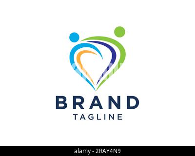 Logo Family Care. Icona a forma di cuore disegnata a mano blu e viola con combinazione di simboli umani isolata su sfondo bianco. Modello di progettazione e con logo Flat Vector Illustrazione Vettoriale