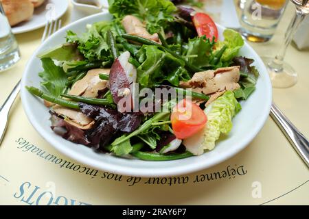 Insalata di Deux Magots, pranzo sulla terrazza all'aperto a Les Deux Magots, Parigi Foto Stock