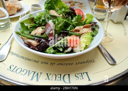 Insalata di Deux Magots, pranzo sulla terrazza all'aperto a Les Deux Magots, Parigi Foto Stock