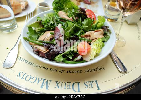 Insalata di Deux Magots, pranzo sulla terrazza all'aperto a Les Deux Magots, Parigi Foto Stock