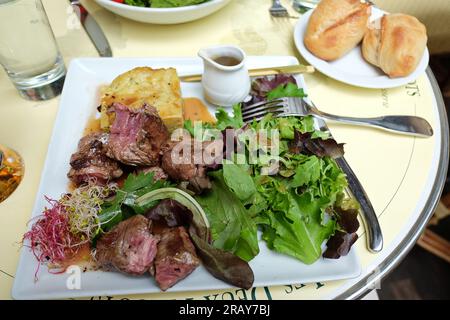 Pranzo sulla riva sinistra al kebab di manzo in stile Deux Magots sulla terrazza all'aperto a Les Deux Magots, Saint-Germain des Prés, Parigi, Francia Foto Stock