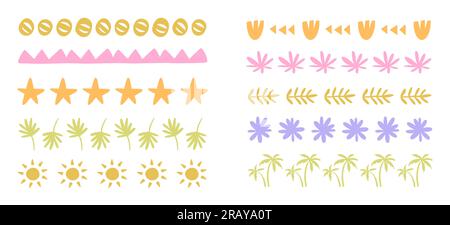 Set di bordi Boho Doodle disegnati a mano. Colpi estivi Illustrazione Vettoriale