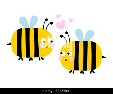 Adorabili bombi da cartoni animati innamorati - insetto giallo con strisce. Pacchetto di api divertenti, boccioli di fiori e fogliame per le collezioni estive. Buon Valentine Illustrazione Vettoriale