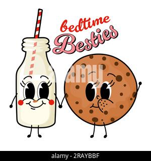 Pianto per la buonanotte - latte e biscotti disegnati a mano in stile kawaii. Poster di San Valentino. Ideale per poster, biglietti d'auguri, striscioni, Illustrazione Vettoriale