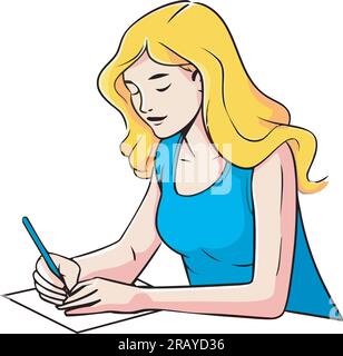 Una bella donna bionda seduta, sorridente, che abbozza Illustrazione Vettoriale