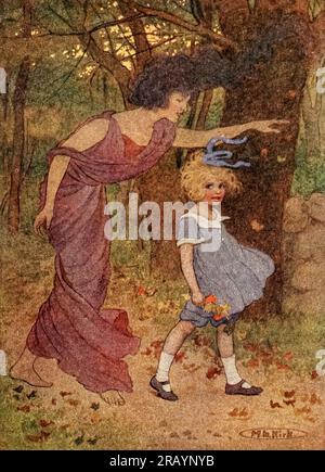 Il vento che ho sentito spingere, ti ho sentito chiamare, non riuscivo a vedere te stesso dal libro ' Un giardino di versi per bambini' di Stevenson, Robert Louis, 1850-1894; E illustrato da Kirk, Maria Louise, B. 1860, data di pubblicazione 1919 Publisher Philadelphia and London, J. B. Lippincott Company A Child's Garden of Verses è un volume del 1885 di 64 poesie per bambini dell'autore scozzese Robert Louis Stevenson. È stato ristampato molte volte, spesso in versioni illustrate, ed è considerato una delle opere per bambini più influenti del XIX secolo. Le poesie, che sono state ampiamente im Foto Stock