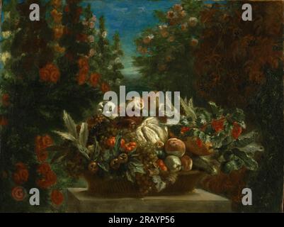 Ferdinand-Victor-Eugène Delacroix, francese, 1798-1863 -- natura morta con fiori e frutta 1848. Foto Stock