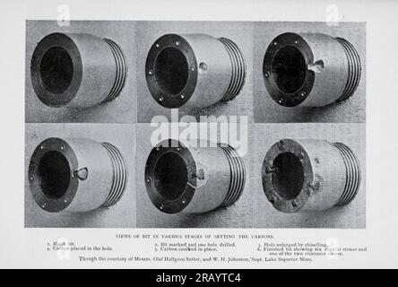 Visione di bit in varie fasi di impostazione dei carboni dall'articolo Prospecting with the Diamond Drill di J. Parke Channing della rivista Engineering Magazine DEDICATO AL PROGRESSO INDUSTRIALE volume X ottobre 1896 NEW YORK The Engineering Magazine Co Foto Stock