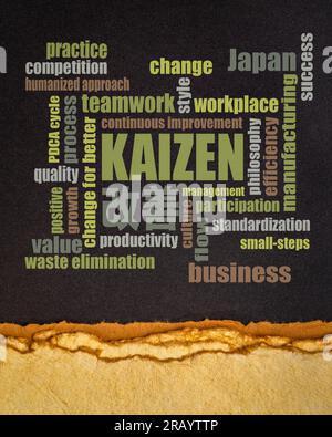 Kaizen - concetto giapponese di miglioramento continuo - nuvola di parole su carta nera Foto Stock