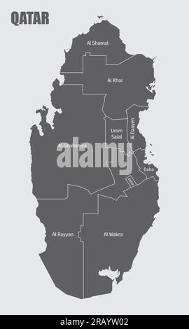 Mappa amministrativa del Qatar isolata su sfondo grigio Illustrazione Vettoriale