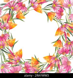 Illustrazione ad acquerello della corona di fiori selvatici. Modello floreale con spazio per il testo. Papaveri californiani disegnati a mano, fiori secchi su sfondo bianco Foto Stock