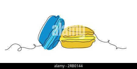 Macaroons cookies one continuous line art drawing vector illustration. Yellow and blue macaroons single line art Illustrazione Vettoriale
