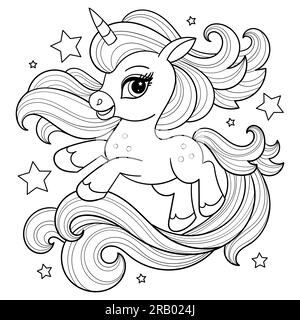 Un bellissimo unicorno con una lunga criniera e coda. Disegno della linea di contorno in bianco e nero. Per la progettazione per bambini di libri da colorare, stampe, poster, cartoline, Illustrazione Vettoriale