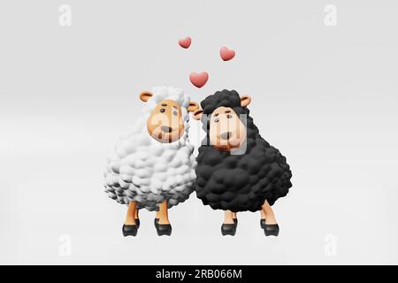 Due simpatici amici di pecore rendering 3D. Giorno dell'amicizia San Valentino. Pigiama stampa doccia per bambini invito a feste per bambini maglietta con abiti divertenti. Ador Foto Stock