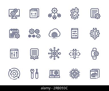icone di linea per lo sviluppo, il funzionamento e i protocolli Illustrazione Vettoriale