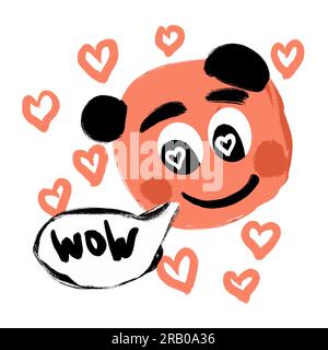 Illustrazione disegnata a mano di un simpatico personaggio nero arancione con bolla e cuori. Emozione a sorpresa, concetto di "innamoramento", espressione comica e divertente dell'etichetta del messaggio di cartone Foto Stock